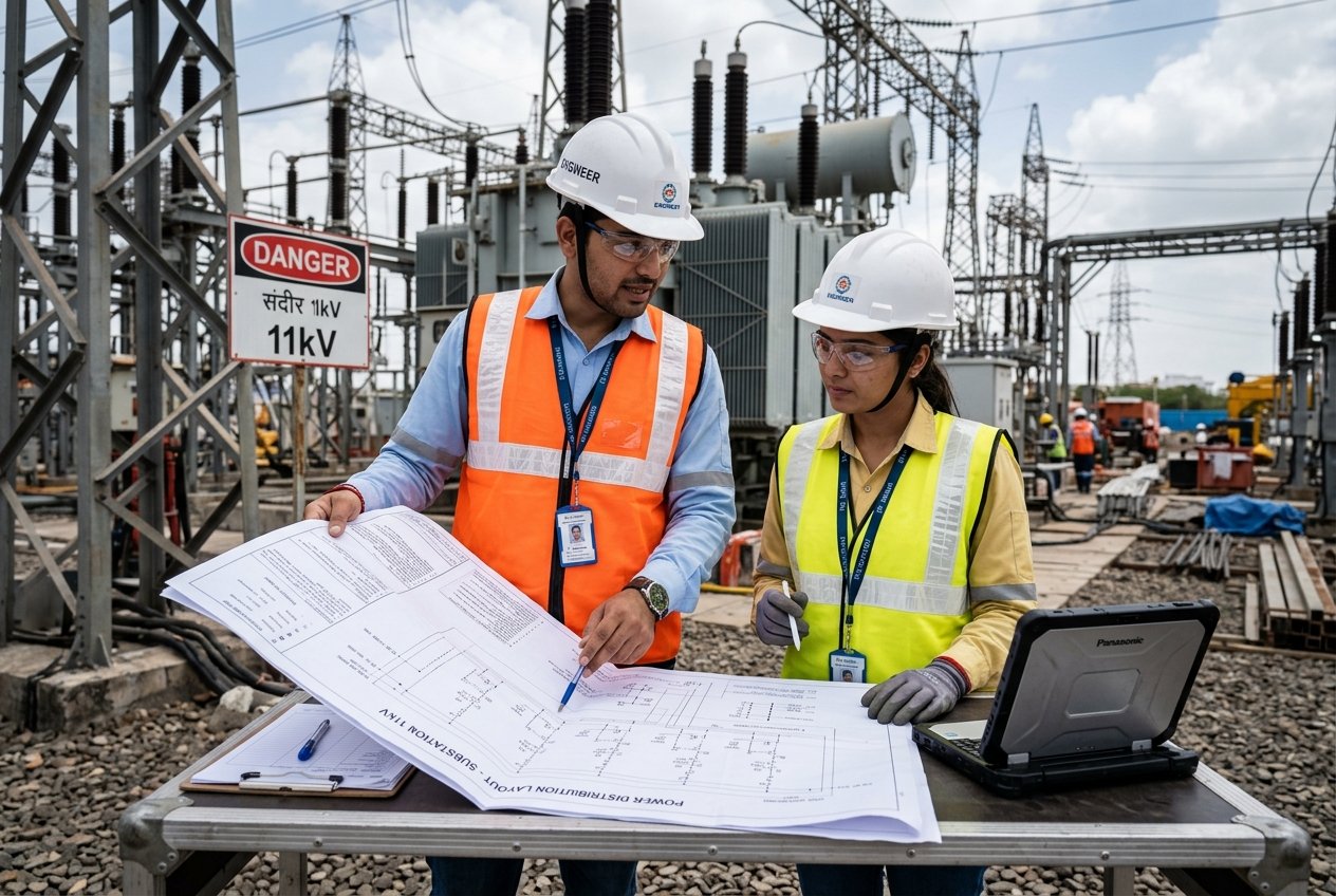 Indian electrical engineers working on-site in reflective vests and safety helmets